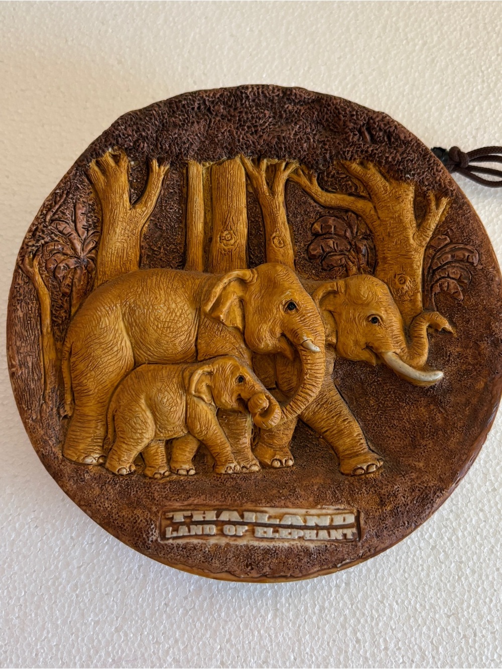 Carved Elephants Round Resin Hang Wall Plaque/Decor, Thailand